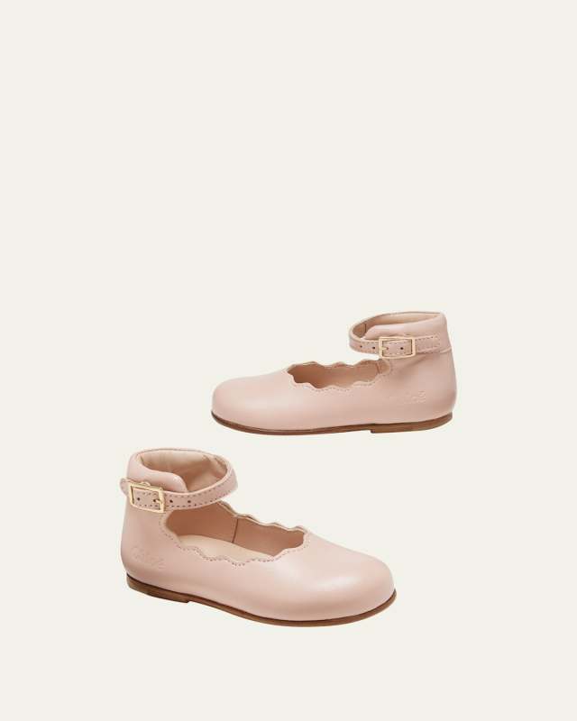 Girl's Scalloped Calf Leather Ballerina Flats,
